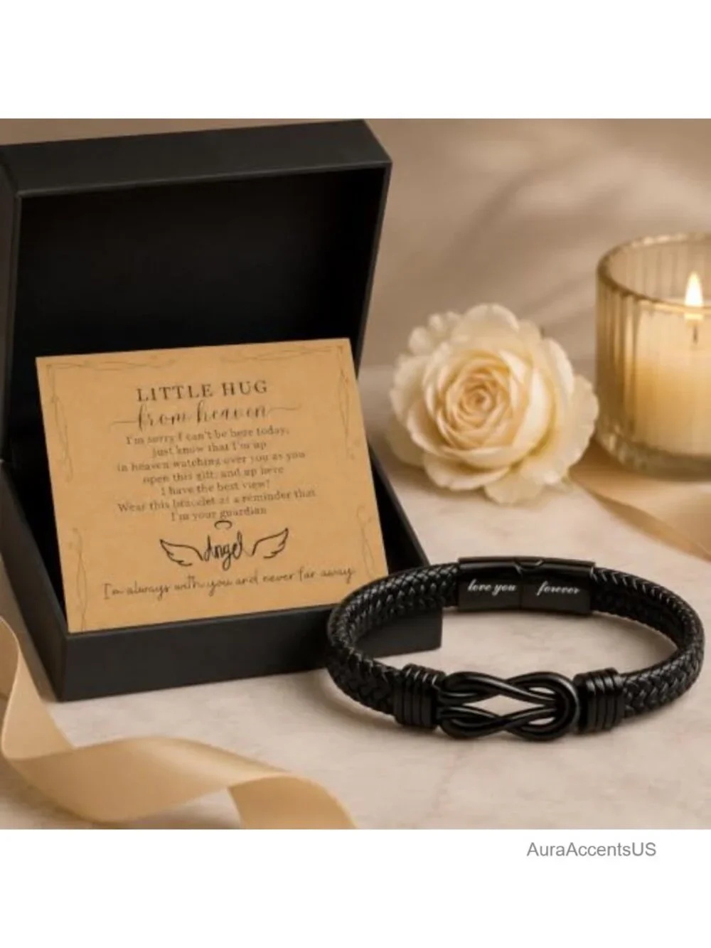 Infinity Braided Leather Memorial Bracelet with Angel Wing, Sympathy Gift for